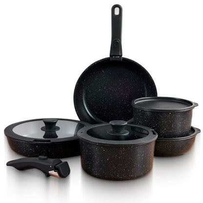 GOURMETIFIC® Pots and Pans Cookware Set [11 PIECES] - Non Toxic Ceramic Coated Cooking Ware - Induction, Gas & Oven Kitchenware - Non Stick Pot & Pan with Removable Handles & Stackable (Black)