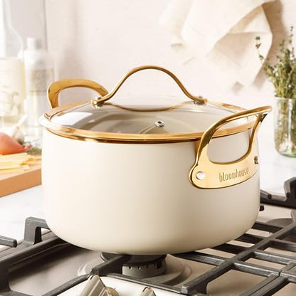 Bloomhouse - Two Time Oprah's Favorite Things Winner - 6 Quart Heavy Duty Aluminum Premium PFA Free Ceramic Nonstick Dutch Oven Pot with Lid - Almond Cream w/Gold Handle