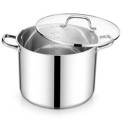E-far 16 Quart Stainless Steel Stock Pot, Large Heavy Duty Induction Stockpot with Glass Lid for Cooking Soup Canning, Thick Tri-Ply Bottom & Riveted Handle, Compatible with All Stove, Dishwasher Safe