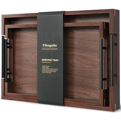 Fibogollo Walnut Wood Set of 2 Serving Tray with Metal Handles,Ottoman Decorative Trays Platter for Coffee Table,Living Room,Bar