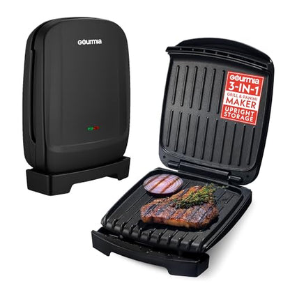 Gourmia Indoor Grill & Panini Maker – 4 Serving Contact or Open Grill, Nonstick Ceramic, Preheat Indicator Light, Slope Design with Removable Dishwasher Safe Drip Tray