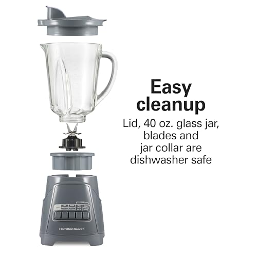 Hamilton Beach Power Elite Wave Action Blender For Smoothies, 40 Oz Glass Jar, 12 Functions Including Puree, Crush Ice, 700 Watts, Grey (58153J)