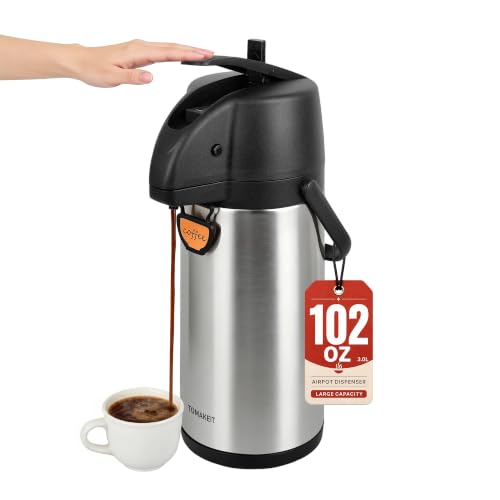 TOMAKEIT Airpot Coffee Dispenser Thermal with Pump,3L/102 Oz Insulated Stainless Steel Large Airpot Coffee Carafe Lever Action for Hot/Cold Water,Thermal Carafe for Hot Cocoa for Parties