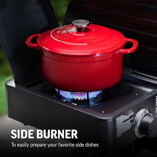 Char-Griller® Texas Trio 3-Burner Gas & Charcoal Grill and Smoker, Push Button to Ignite, Dual temperature Guages, Side Burner, Includes Side Firebox, 1,390 Cooking Square Inches, Black, Model# 3070