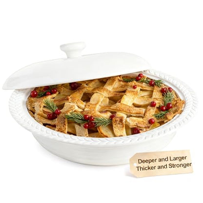 Cormomu Deep Dish Pie Pan with Lid, 11 inch Ceramic Pie Dish, Round Baking Dish for Apple, Quiche, Pot Pies, Tart, etc, Microwave, Dishwasher, and Oven Safe