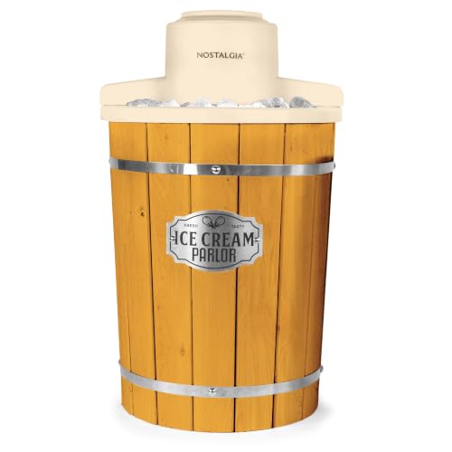 Nostalgia Electric Ice Cream Maker With 6 Qt Capacity - Old Fashioned Ice Cream Machine Makes Frozen Yogurt or Gelato in Minutes- Vintage Wooden Style Ice Cream Maker with Aluminum Canister