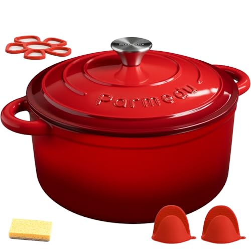Parmedu 5.5QT Enameled Cast Iron Dutch Oven for Sourdough Bread Baking, Easy Cleaning, Versatile for Stewing, Roasting, Braised Chicken, Soup & More