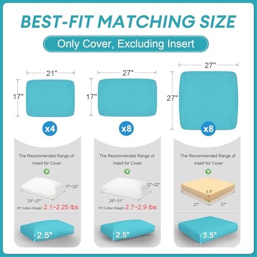NICESOUL 20-Piece 27“x27 Outdoor Patio Cushion Cover, Olefin Fade/UV-Resistant Sectional Sofa Replacement Cover with Zipper, Deep Seated Slipcovers for Backyard Furniture, Machine Washable, Turquoise