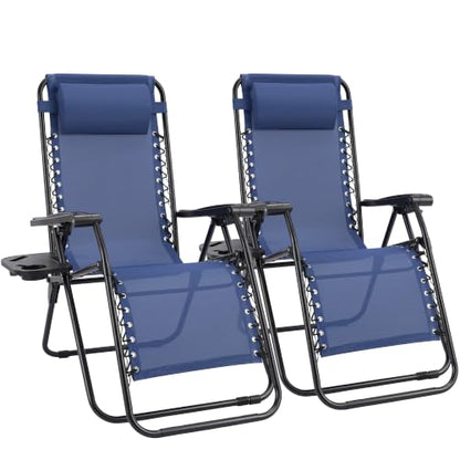 Sweetcrispy Zero Gravity Chairs Set of 2, Outdoor Folding Reclining Lounge Chair with Cup Holder Tray & Adjustable Pillow, Portable Camping Beach Patio Poolside Lawn Yard Chair, Classic Blue