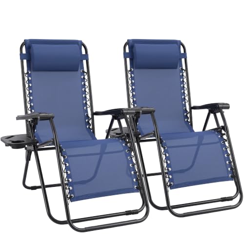 Sweetcrispy Zero Gravity Chairs Set of 2, Outdoor Folding Reclining Lounge Chair with Cup Holder Tray & Adjustable Pillow, Portable Camping Beach Patio Poolside Lawn Yard Chair, Classic Blue