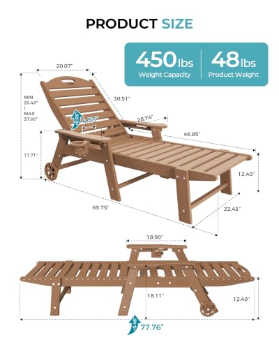 Ciokea Outdoor Chaise Lounge Chair Set of 2, Patio Lounge Chairs for Outside, HDPE Lounge Chair with Wheels & Cup Holder, Poly Chair with 5 Position for Poolside, Deck, Brown