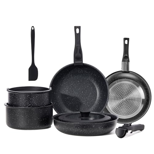 NEWBULIG 12-Piece Pots and Pans Set, Nonstick Cookware Set with Detachable Handle, Non toxic Induction Kitchen Cooking Set with Frying Pans Set, Dishwasher ＆ Oven Safe, RV Friendly, Black