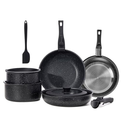 NEWBULIG 12-Piece Nonstick Kitchen Cookware Set, Pots and Pans with Detachable Handle, Induction Compatible, Dishwasher & Oven Safe, Space-Saving, Black