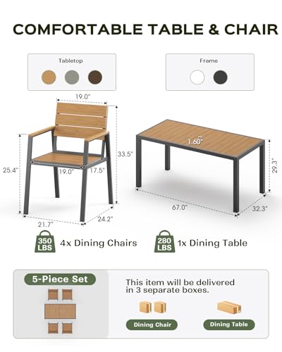 Vexwalx 5-Piece Outdoor Dining Set, Aluminum Dining Table Set for 4, Patio Table and Chairs Set with Umbrella Hole, All Weather HDPS Outdoor Table and Chairs for 4 (Gray-Teak)