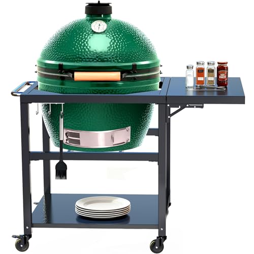 Outdoor Grill Table Cart for XLarge Big Green Egg Accessories, Heavy Duty Metal Rolling BGE Cart with 3 inch Casters, Sturdy Side Table, Hooks, Prefect for Spring BBQ with XL Big Green Egg Stand