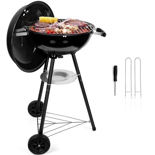 HaSteeL 18 Inch Charcoal Grill, Black Kettle Outdoor Barbecue Grill, 2-In-1 Portable BBQ Grill with Wheels for Camping Backyard Patio Picnic, Porcelain-Enameled Lid & Fire Bowl, 254.SQ.IN Cooking Area
