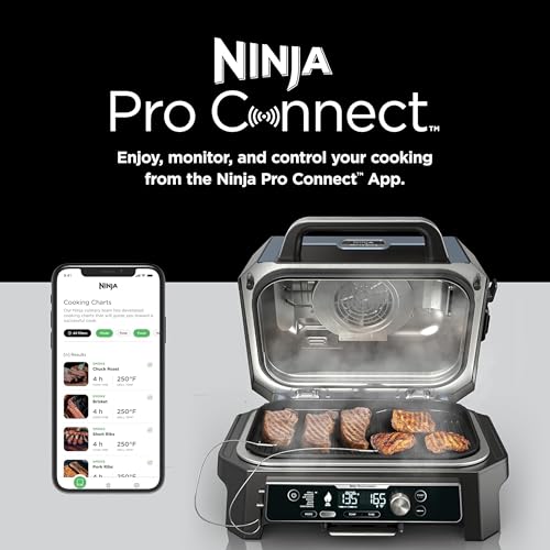 Ninja Woodfire Pro Connect XL Outdoor Grill & Smoker | Bluetooth, App Enabled | 7-in-1 Grill, BBQ Smoker, Outdoor Air Fryer | Woodfire Technology | Built-In Thermometer | Black & Gold | OG951BK1