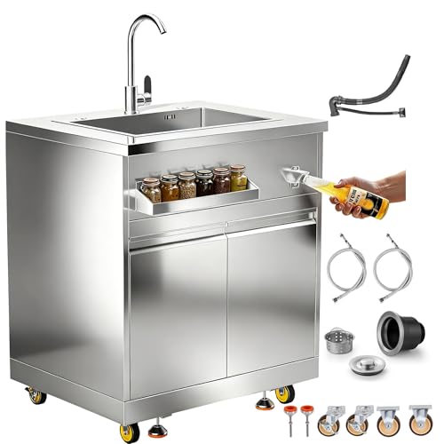 BODEGA Stainless Steel Single bowl kitchen sink Cabinet With hose hookup and Faucet, Outdoor Kitchen Sink with Storage, Brake Wheels & Spice Rack, All-Weather Sink, Use For RV, Yard,Garage,Restaurant.