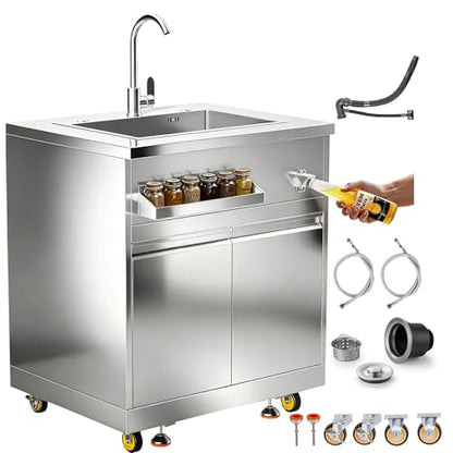 BODEGA Stainless Steel Single bowl kitchen sink Cabinet With hose hookup and Faucet, Outdoor Kitchen Sink with Storage, Brake Wheels & Spice Rack, All-Weather Sink, Use For RV, Yard,Garage,Restaurant.