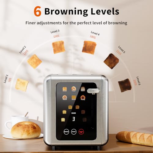 WHALL Full Touch Screen Toaster 2 Slice, Smart Toaster for Bread, Silver