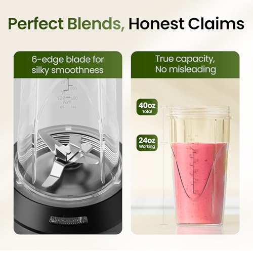 TOPZEE Personal Smoothie Blender, 1000W Single-Serve Blender with 24oz To-Go Cup, Twist-On Start/Stop, for Protein Shakes & Smoothies, Compact Countertop Blender, Black