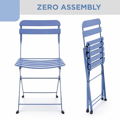 Alpine Corporation VTFAM168A-BL 3-Piece Blue Metal Folding Bistro Set – 20" Round Patio Table with 2 Folding Chairs – Portable Indoor/Outdoor Balcony & Garden Furniture Set