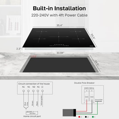 ThermoMate 36 Inch Induction Hob Electric Cooktop, 9800W Built in Induction Stove Top with 5 Boost Burners, 9 Heating Levels, Timer & Child Safety Lock, Sensor Touch Control, 240V