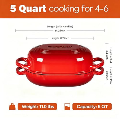 Enameled Cast Iron Sourdough Bread Oven, Dutch Oven, incl. Sourdough Bread-Baking Supplies like Banneton Bread-Proofing Basket - 5QT Loaf Cast Iron Bread Pan for Homemade Bread Baking, Red Meatloaf Pan with Lid