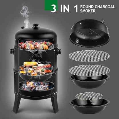 VINGLI 18 Inch Multi-Layer Charcoal BBQ Smoker Grill, Heavy Duty Round Grill, Vertical Smoker with Thermometer, for Outdoor Cooking, Patio, Parties, Backyard