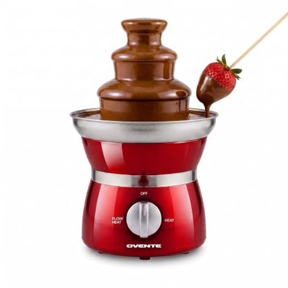 OVENTE 3 Tier Chocolate Fondue Fountain Machine, 6” x 6” x 9.4”, Red CFS73R