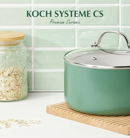 KOCH SYSTEME CS Nonstick Sauce Pan with Lid 1QT, 2QT & 3QT, Ceramic Saucepan Set 6Pcs, Non-Toxic Saucepan Set, Cooking Pots Set, Oven Safe & Induction Compatible, Green