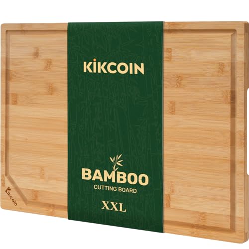 Kikcoin 20”×14” Bamboo Cutting Boards for Kitchen, Wooden Healthy Cutting Boards for Charcuterie, Vegetables, Cheese, Bread, Extra Large Chopping Boards with Deep Juice Groove and Handle, Natural