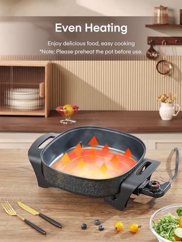 FOHERE 12 Inch Deep Non Stick Electric Skillet, Electric Frying Pan with Adjustable Temperature Control, Heat Resistant Handles and Non-stick Coating Easy to Clean, Quick Even Heating, 1360W, Black