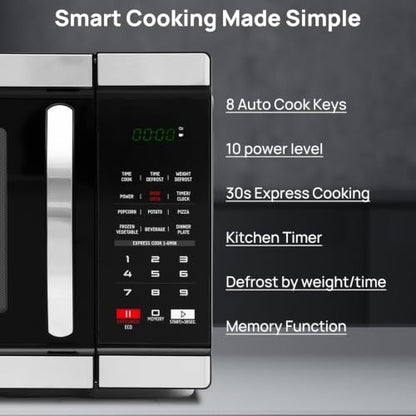 Smad Countertop Microwave Oven 1000 Watts, Digital Ovens 1.1 Cu. Ft with 10 Power Levels, 6 One-Touch Presets, Express Cooking, Eco Mode, Child Lock, Easy Clean, Large Capacity, Stainless Steel Black