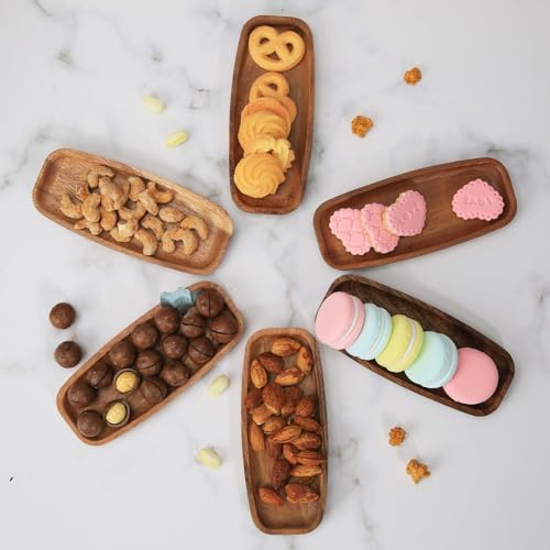 MeowAroma Mini Wooden Serving Platters and Trays, 7-inch Solid Acacia Wood Serving Plates for Food/Snacks/Appetizer, also as Jewelry Trays, Mini Charcuterie Board and Cheese Platter, Reusable (6 PCS)