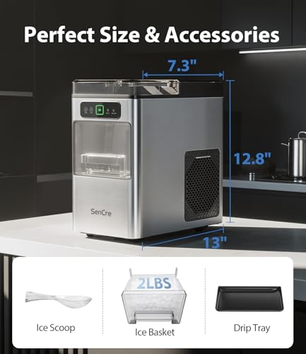 SenCre Nugget Ice Maker 40lbs/Day, Countertop Ice Maker Soft Chewable Ice, Ice Makers One-Click & Self-Cleaning, Crushed Pellet Ice Machine with Scoop&Basket for Home/Kitchen/Office, Stainless Silver