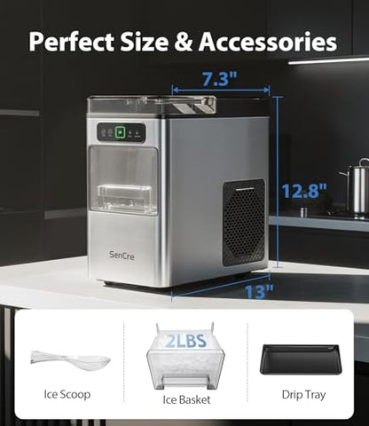SenCre Nugget Ice Maker 40lbs/Day, Countertop Ice Maker Soft Chewable Ice, Ice Makers One-Click & Self-Cleaning, Crushed Pellet Ice Machine with Scoop&Basket for Home/Kitchen/Office, Stainless Silver