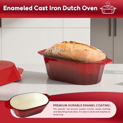 Enameled Cast Iron Dutch Oven for Bread Baking – 3QT Oval Round Heavy Duty Bread Pan with Lid, Non-Stick Ceramic Coating,Loaf Cast Iron Bread Oven for Sourdough, Baking, Roasting, Braising, Stovetop & Oven Safe