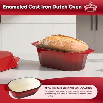 Enameled Cast Iron Dutch Oven for Bread Baking – 3QT Oval Round Heavy Duty Bread Pan with Lid, Non-Stick Ceramic Coating,Loaf Cast Iron Bread Oven for Sourdough, Baking, Roasting, Braising, Stovetop & Oven Safe