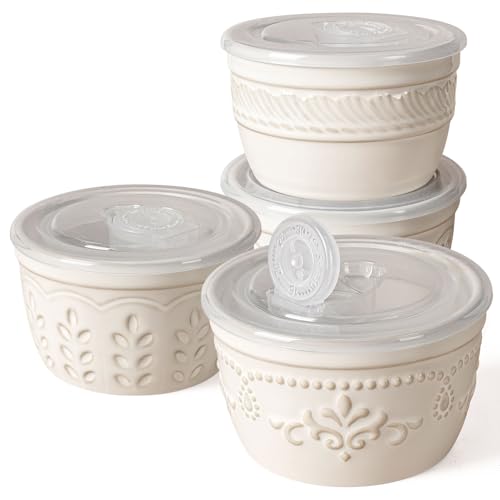 Artena Ramekins with Lids, Creme Brulee Ramekins Oven Safe, Ceramic Pudding Cups, Souffle Cups, Custard Cups, Dipping Sauce Cups, Food Storage Containers with Lids, Set of 4 (Multiple Patterns, 8 oz)