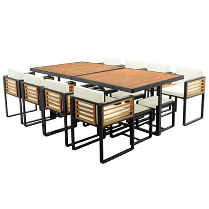 Merax 18 Pieces Outdoor Dining Set for 16 People, Acacia Wood Patio Furniture Sets with 2 Square Tables, 8 Cushioned Chairs and 8 Ottomans for Backyard, Garden, Lawn, Poolside, Beige