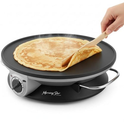 Morning Star 13" Electric Crepe Maker, Nonstick Pancake Griddle, Adjustable Temperature Control with LED Indicator Lights, Includes Spatula & Batter Spreader, Quick Cleanup, Stainless Steel