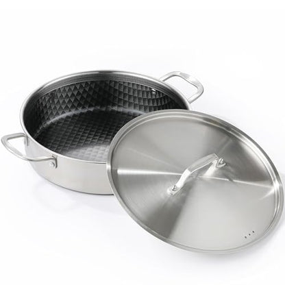 DELARLO 8 Quart Tri-Ply Stainless Steel Non Stick Braiser Pan with Lid, 13 Inch Deep Frying Pan, Large Saute Pan, Jumbo Cooker, Induction Compatible, Heavy Duty and Oven Safe