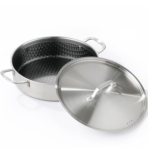 DELARLO 8 Quart Tri-Ply Stainless Steel Non Stick Braiser Pan with Lid, 13 Inch Deep Frying Pan, Large Saute Pan, Jumbo Cooker, Induction Compatible, Heavy Duty and Oven Safe