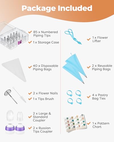 Kootek 140Pcs Icing Piping Bags and Tips Set, Frosting Piping Kit with 78 Numbered Icing Tips, 7 Russian Tip, 42 Pastry Bags 12 Inch, 5 Couplers, 4 Bag Ties for Cake Decorating, Cupcake, Baking