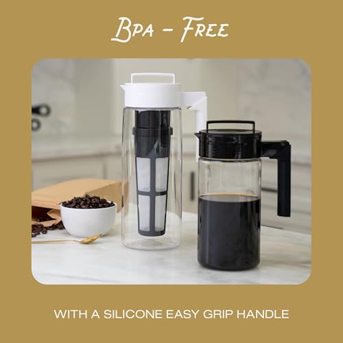 Takeya Deluxe Cold Brew Coffee Maker - BPA-Free Tritan Pitcher with Airtight Leakproof Lid, Silicone Grip Handle, Fine-Mesh Filter - Shatter-Proof, Dishwasher Safe, Made in USA - 1 Quart/Black