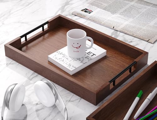 Fibogollo Bamboo Serving Tray with Metal Handles,17x12in Ottoman Decorative Trays Platter for Coffee Table,Living Room,Bar,Party,Large(Brown)