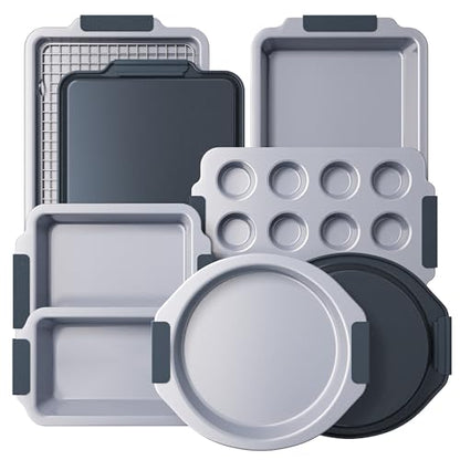 BRONYPRO Nonstick Ceramic Bakeware Set (9 Pieces),Heavy Duty Aluminized Steel Bakeware - Baking Set with Silicone Handles,Includes Sheet Pans,Loaf Pan,Muffin pan,Cake pans,PTFE & PFOA Free - Blue Gray