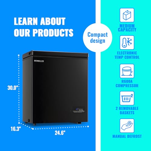 DEMULLER Chest Freezer 4.0 CU. FT Ultra-low Temperature Deep Freezers (Down to -12 ℉) with TWO Removable Baskets Accurate Display of Cabinet Temp Freestanding Black