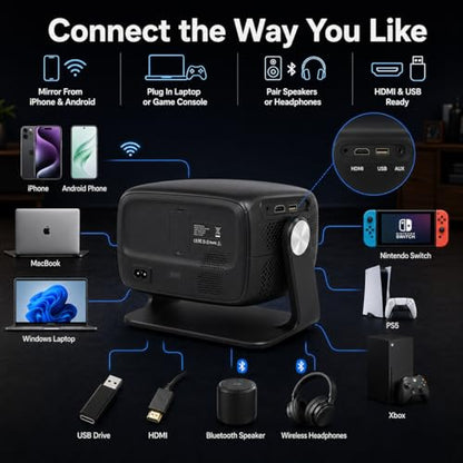[Built in APP & Auto Focus] Native 1080P 4K Support Projector with Bluetooth 5.4 and Wifi 6 Portable Full HD, 180° Ceiling Rotation, Auto Keystone Real 560 ANSI Movie Projector for Bedroom, Outdoor